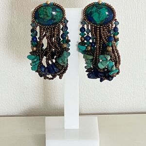 Vintage Turquoise & Blue Long Dangling Clip On Earrings with Gold Tone Beads.